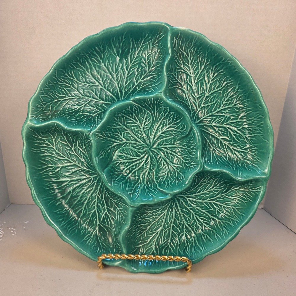 VTG Majolica Cabbage Leaf 5-Section‎ Serving Dish California Pottery R111 Green